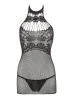 Petite robe en résille noire, sans couture, avec dentelle sur la poitrine. String assorti - R27167551101