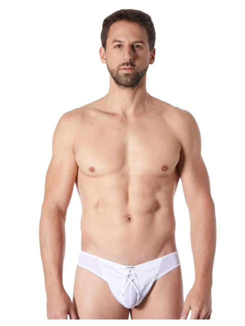 String blanc sexy fine maille transparente doublure opaque et lacet - LM899-05WHT