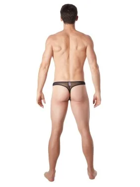 String noir sexy maille transparente et bande style cuir - LM807-57BLK