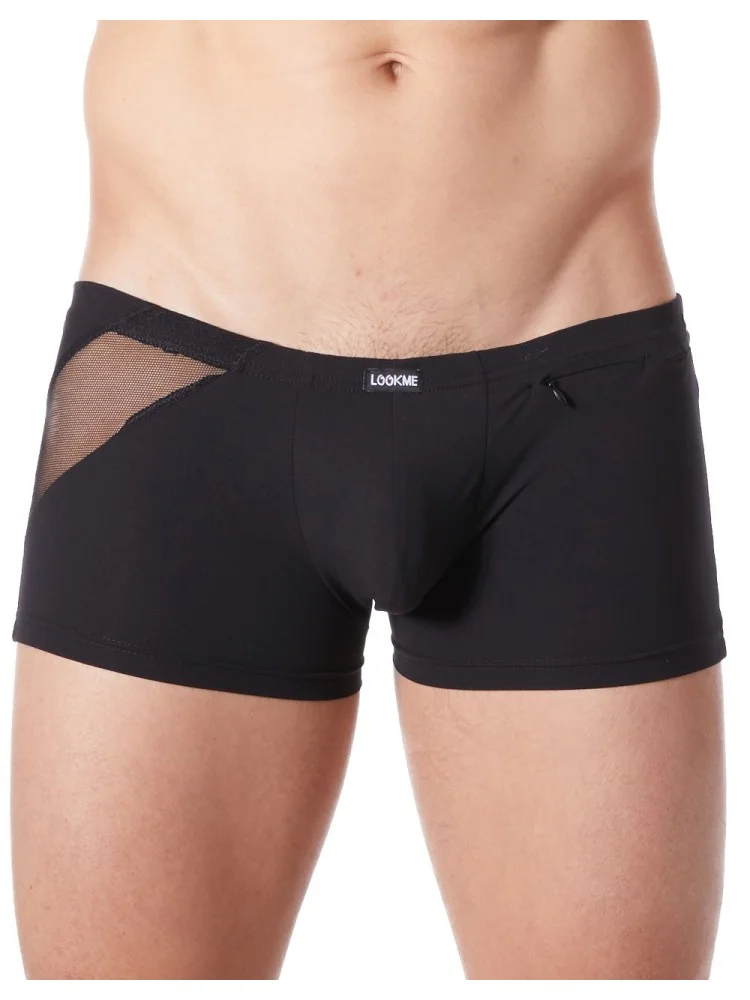 Boxer noir sexy avec bandes fine résille et déco zippée - LM808-67BLK