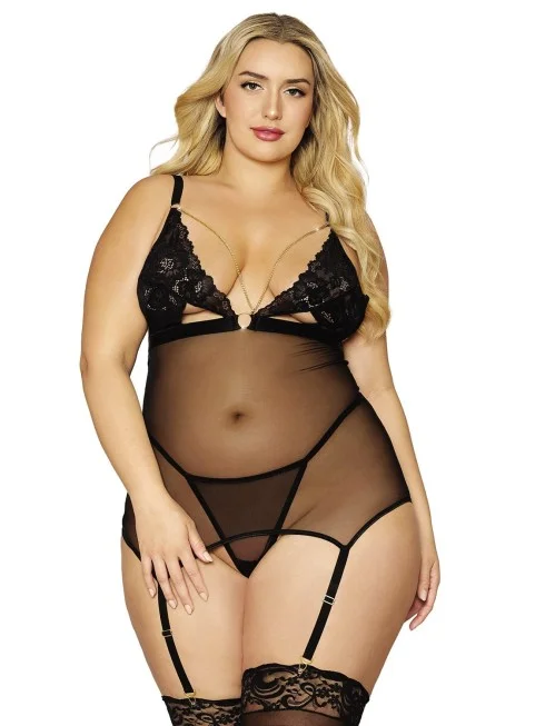 Nuisette grande taille en dentelle et résille noire avec chainette dorée amovible, porte jarretelles et string - DG12712XBLK