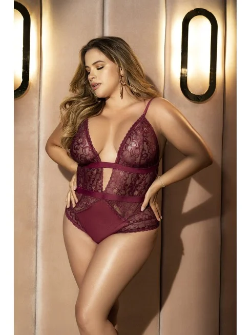 Body grande taille couleur prune en dentelle - MAL8654XBUR