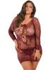 Nuisette grande taille bordeaux fine résille manches longues - REN7067X-BUR