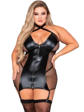 Guêpière grande taille en simili cuir et fine résille noir avec jarretelles - DG12447XBLK