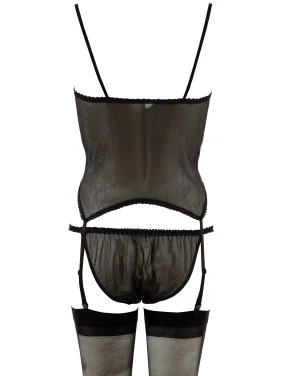 Guêpière noire porte-jarretelles avec culotte en résille et bas inclus - R206695