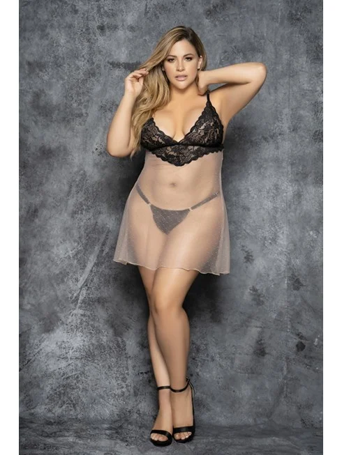 Nuisette dentelle transparente grande taille et string - MAL7366XNUB