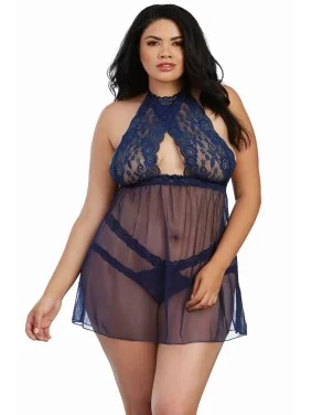 Nuisette grande taille bleue maille fine et dentelle - DG11503XMID