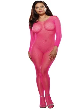 Bodystocking rose fluo résille grande taille ouvert à l'entre-jambes - DG0015XHPK