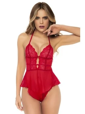 Body rouge effet babydoll et string assorti - MAL7445RED
